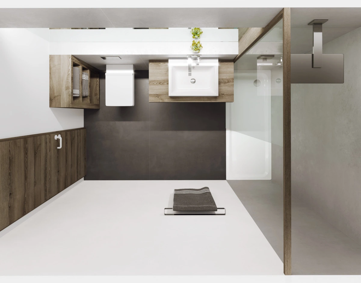 Draufsicht eines modernen, kleinen Badezimmers mit bodenebener Dusche